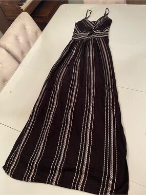 Angie Black Maxi Dress with Cream Vertical Stripes